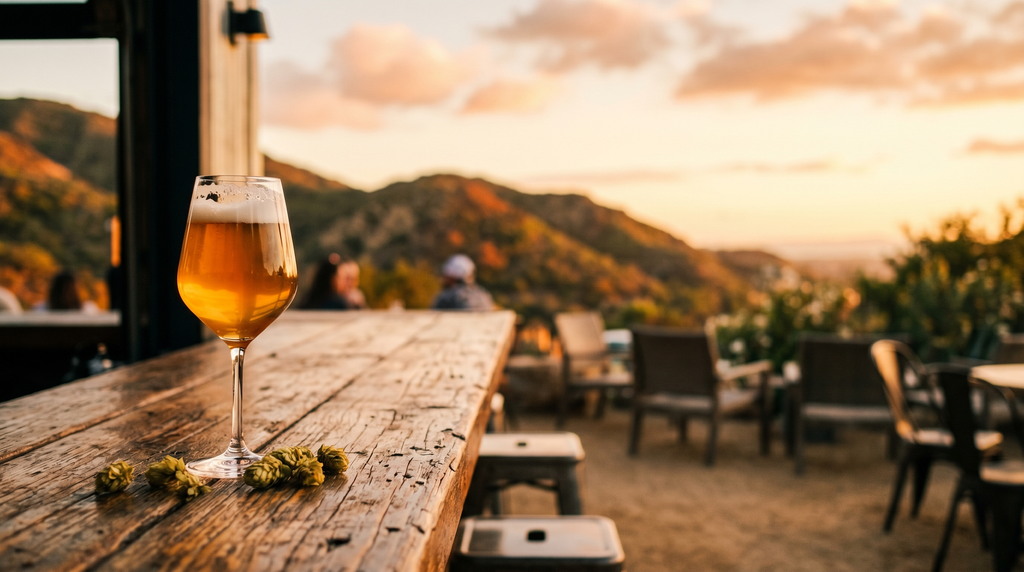 A stemmed glass of amber-gold beer on a reclaimed-wood bar with chaparral hills at golden hour
